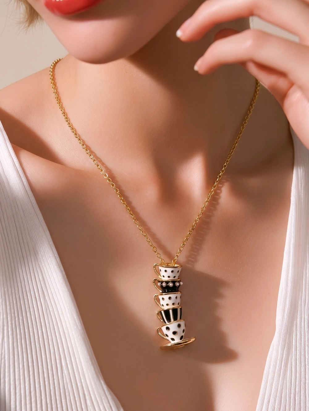 Stacked Teacups Necklace Gold Whimsical Pendant Alice Inspired Tea Party Jewelry